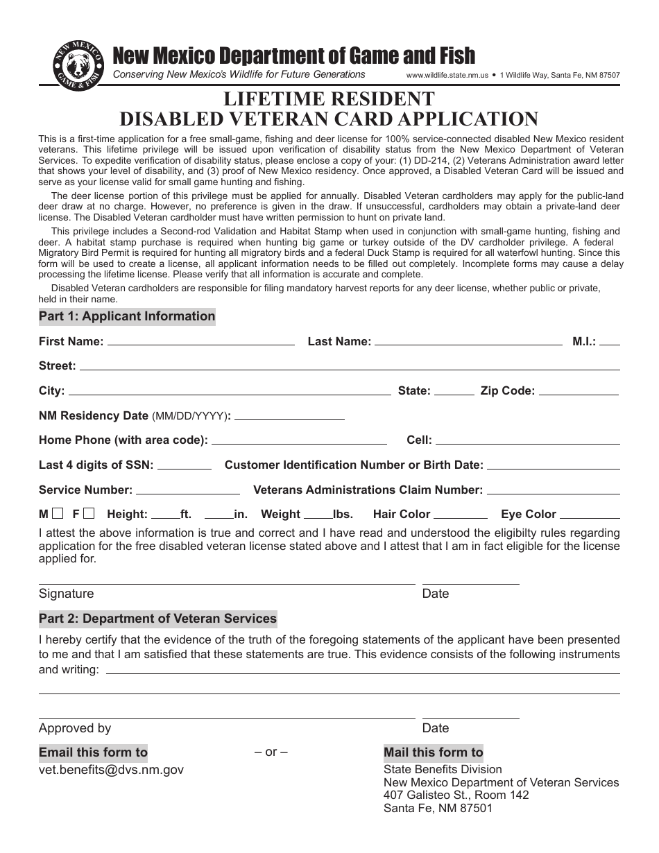 New Mexico Lifetime Resident Disabled Veteran Card Application Fill