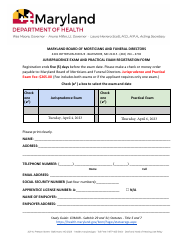 Document preview: Jurisprudence Exam and Practical Exam Registration Form - Maryland, 2023