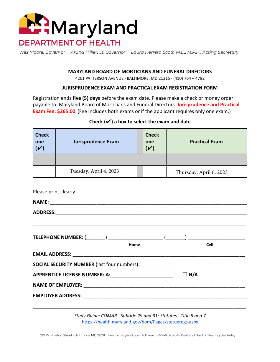 Jurisprudence Exam and Practical Exam Registration Form - Maryland, Page 1