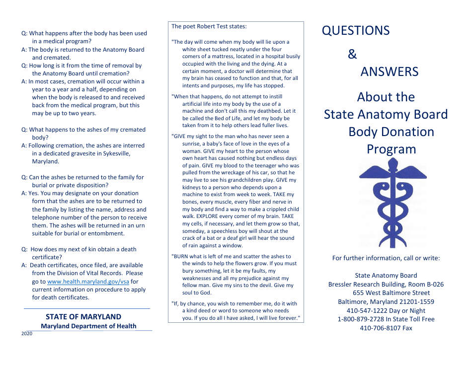 Form SAB20-W Anatomical Gift / Body Donation Registration Form - Maryland, Page 3