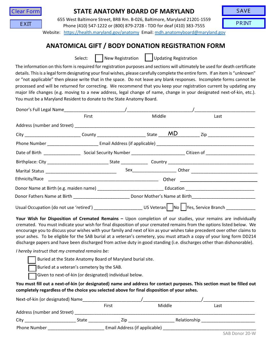 Form SAB20-W Anatomical Gift / Body Donation Registration Form - Maryland, Page 5