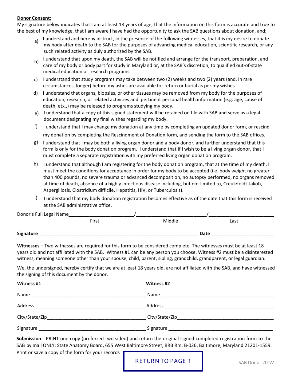 Form SAB20-W Anatomical Gift / Body Donation Registration Form - Maryland, Page 6