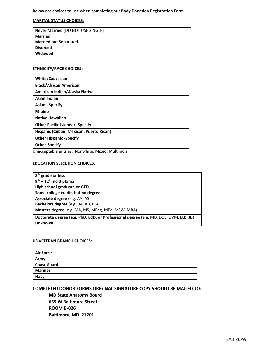 Form SAB20-W Anatomical Gift / Body Donation Registration Form - Maryland, Page 7