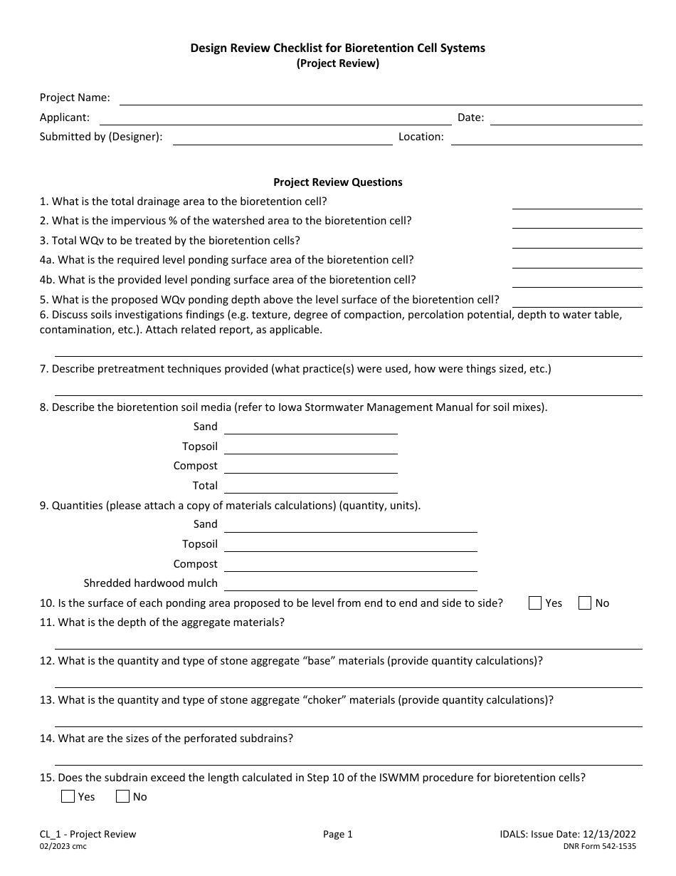 DNR Form 542-1535 Design Review Checklist for Bioretention Cell Systems - Iowa, Page 1