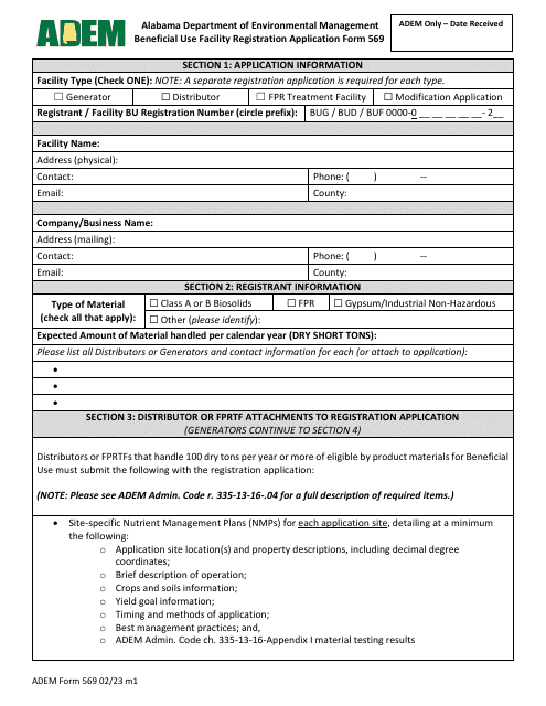 ADEM Form 569 Beneficial Use Facility Registration Application Form - Alabama