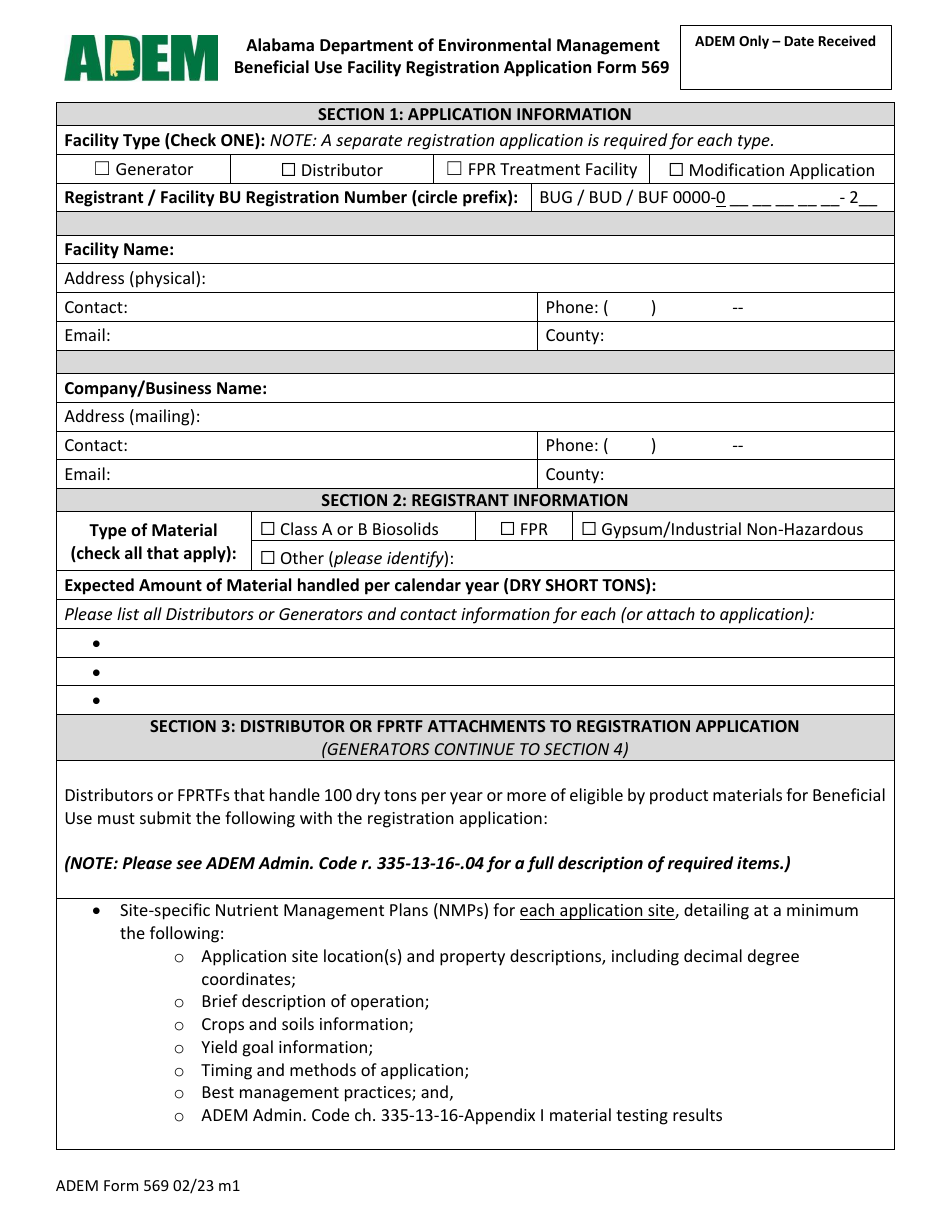 ADEM Form 569 Beneficial Use Facility Registration Application Form - Alabama, Page 1