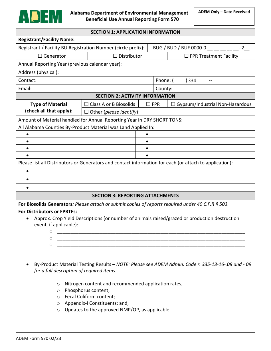 ADEM Form 570 Beneficial Use Annual Reporting Form - Alabama, Page 1
