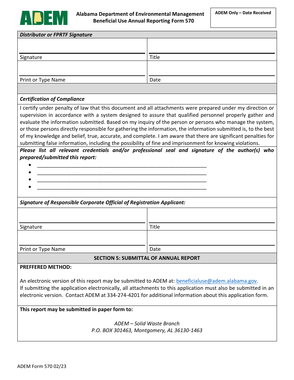 ADEM Form 570 Beneficial Use Annual Reporting Form - Alabama, Page 5
