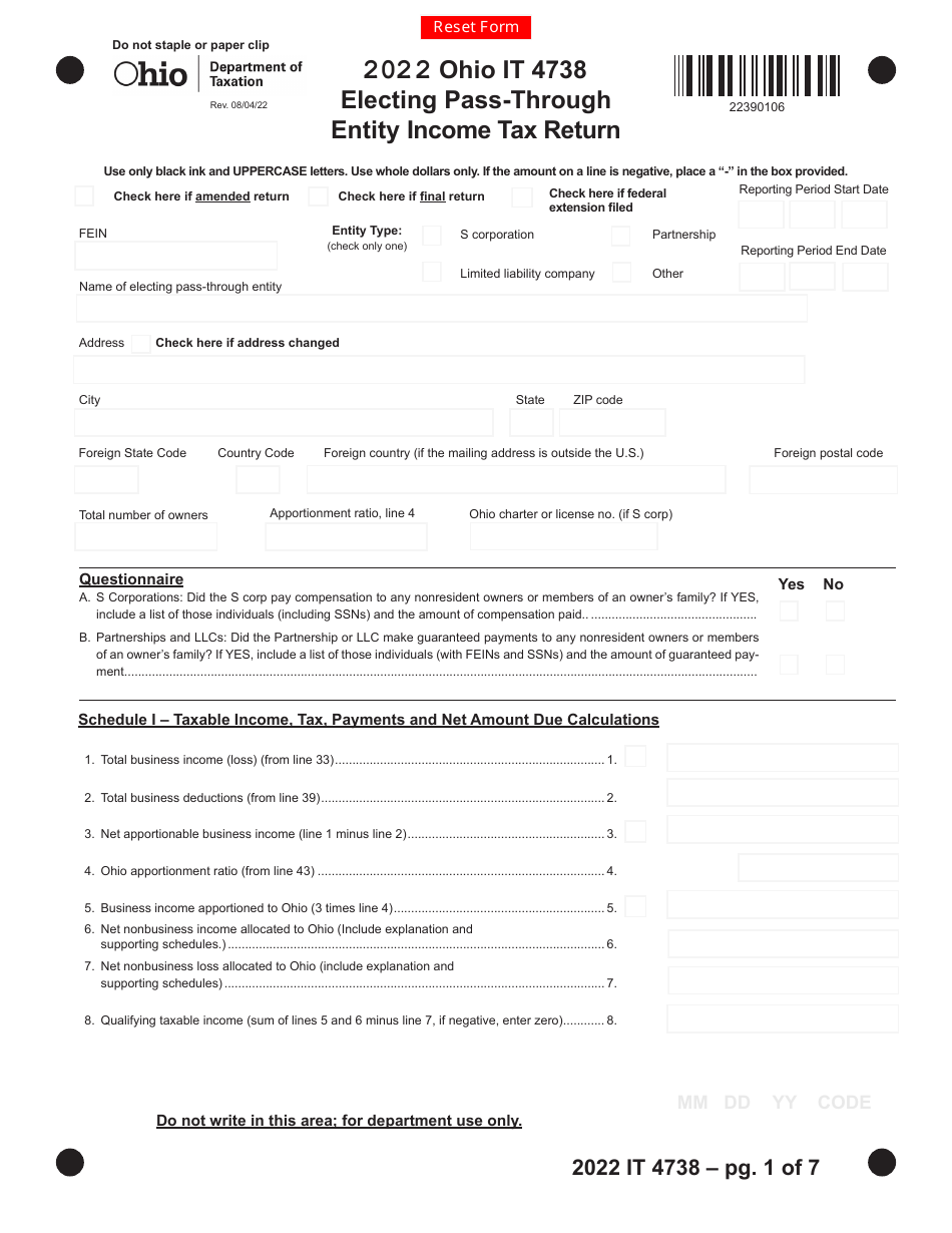 Form IT4738 Electing Pass-Through Entity Income Tax Return - Ohio, Page 1