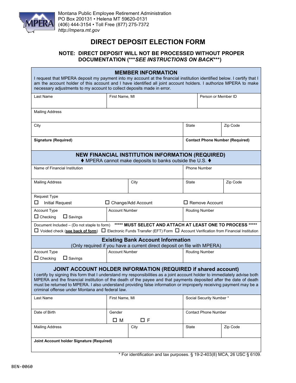 Form BEN-0060 Direct Deposit Election Form - Montana, Page 1