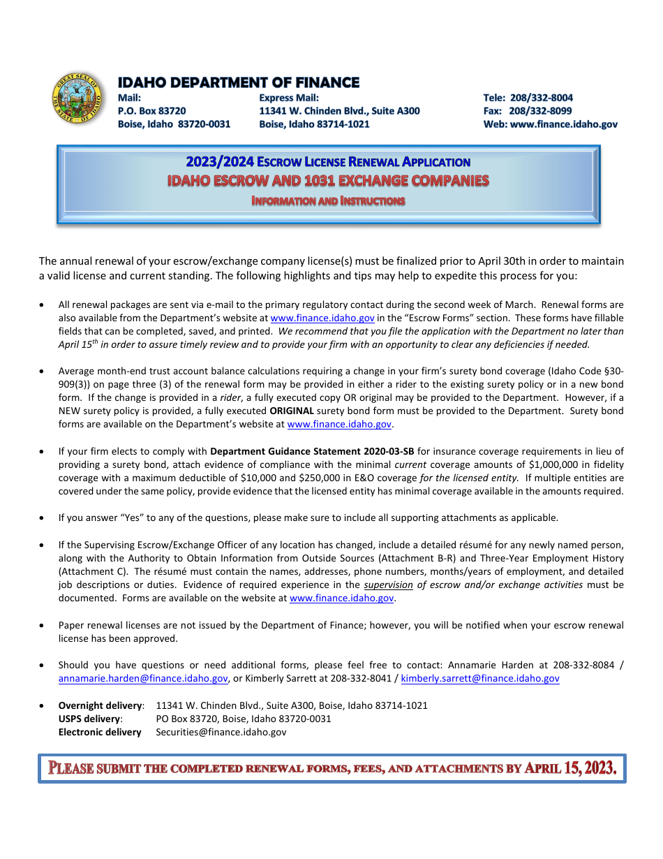 Annual Renewal Application for Idaho Escrow Agencies and 1031 Exchange Companies - Idaho, Page 1