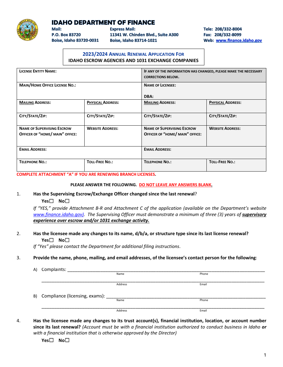 Annual Renewal Application for Idaho Escrow Agencies and 1031 Exchange Companies - Idaho, Page 2