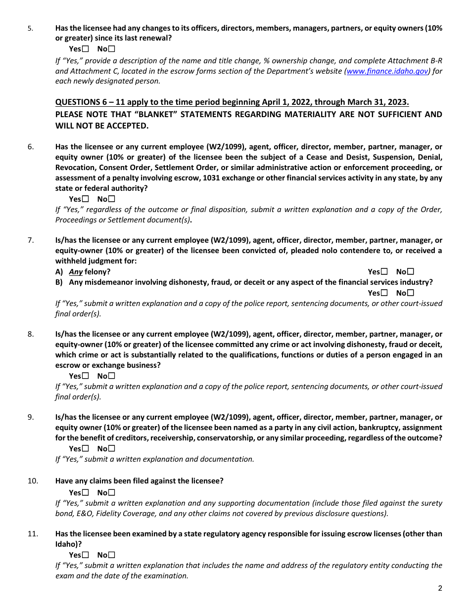 Annual Renewal Application for Idaho Escrow Agencies and 1031 Exchange Companies - Idaho, Page 3