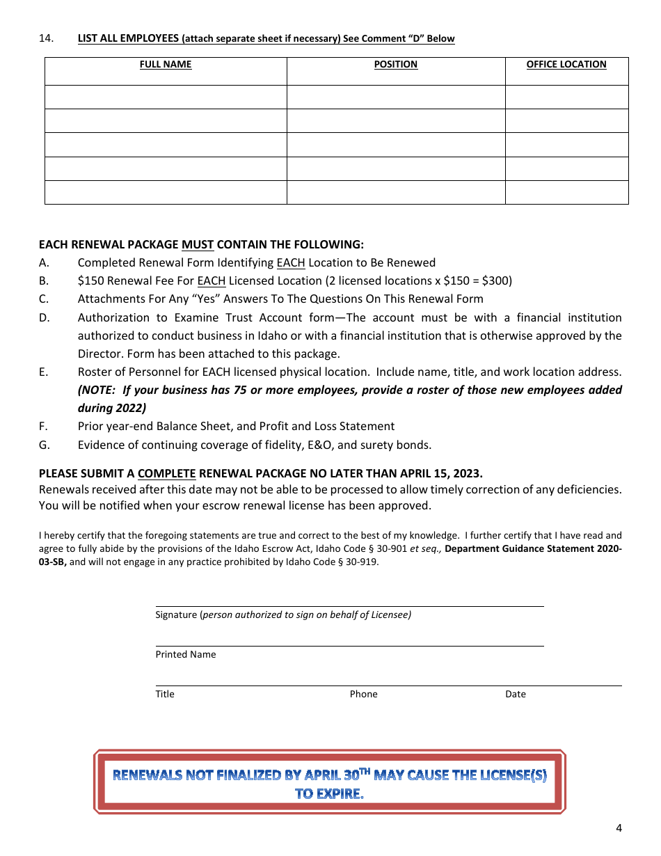 Annual Renewal Application for Idaho Escrow Agencies and 1031 Exchange Companies - Idaho, Page 5