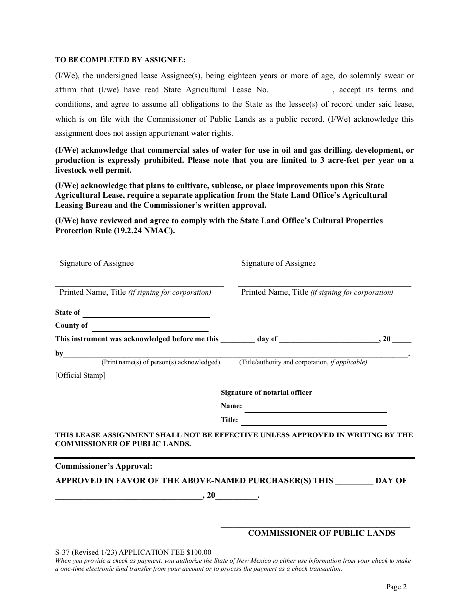 Form S-37 Assignment of Agricultural Lease - New Mexico, Page 3
