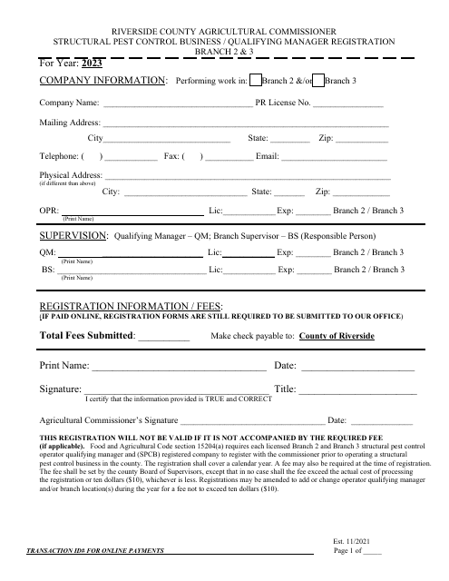 Structural Pest Control Business / Qualifying Manager Registration - Branch 2 & 3 - County of Riverside, California Download Pdf