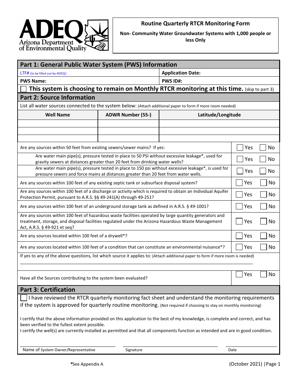Routine Quarterly Rtcr Monitoring Form - Non-community Water Groundwater Systems With 1,000 People or Less Only - Arizona, Page 1