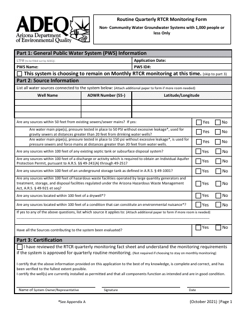 Routine Quarterly Rtcr Monitoring Form - Non-community Water Groundwater Systems With 1,000 People or Less Only - Arizona Download Pdf