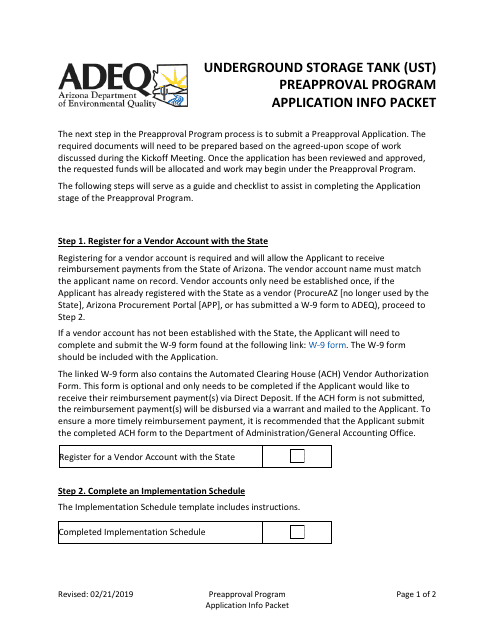 Application Info Packet - Underground Storage Tank (Ust) Preapproval Program - Arizona Download Pdf
