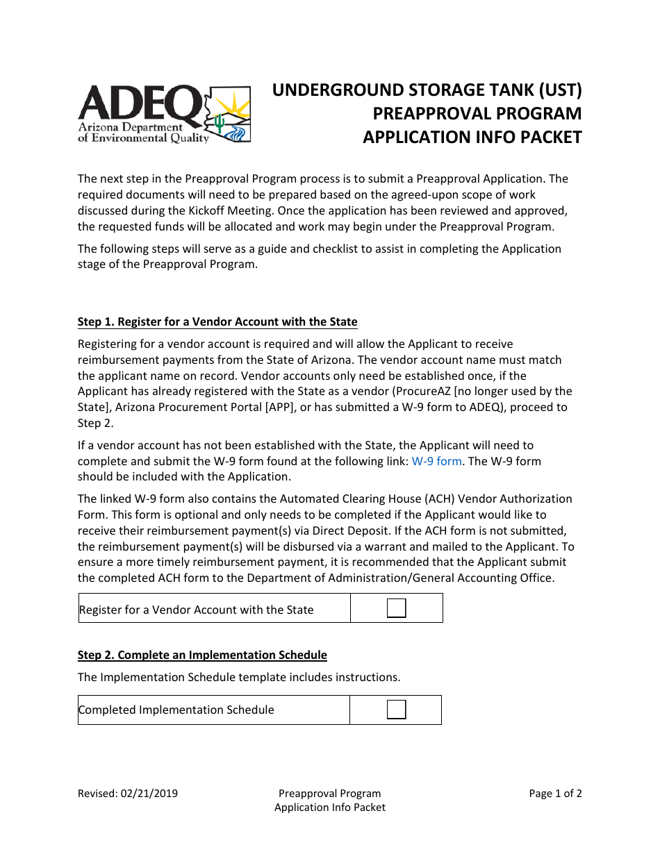 Application Info Packet - Underground Storage Tank (Ust) Preapproval Program - Arizona, Page 1