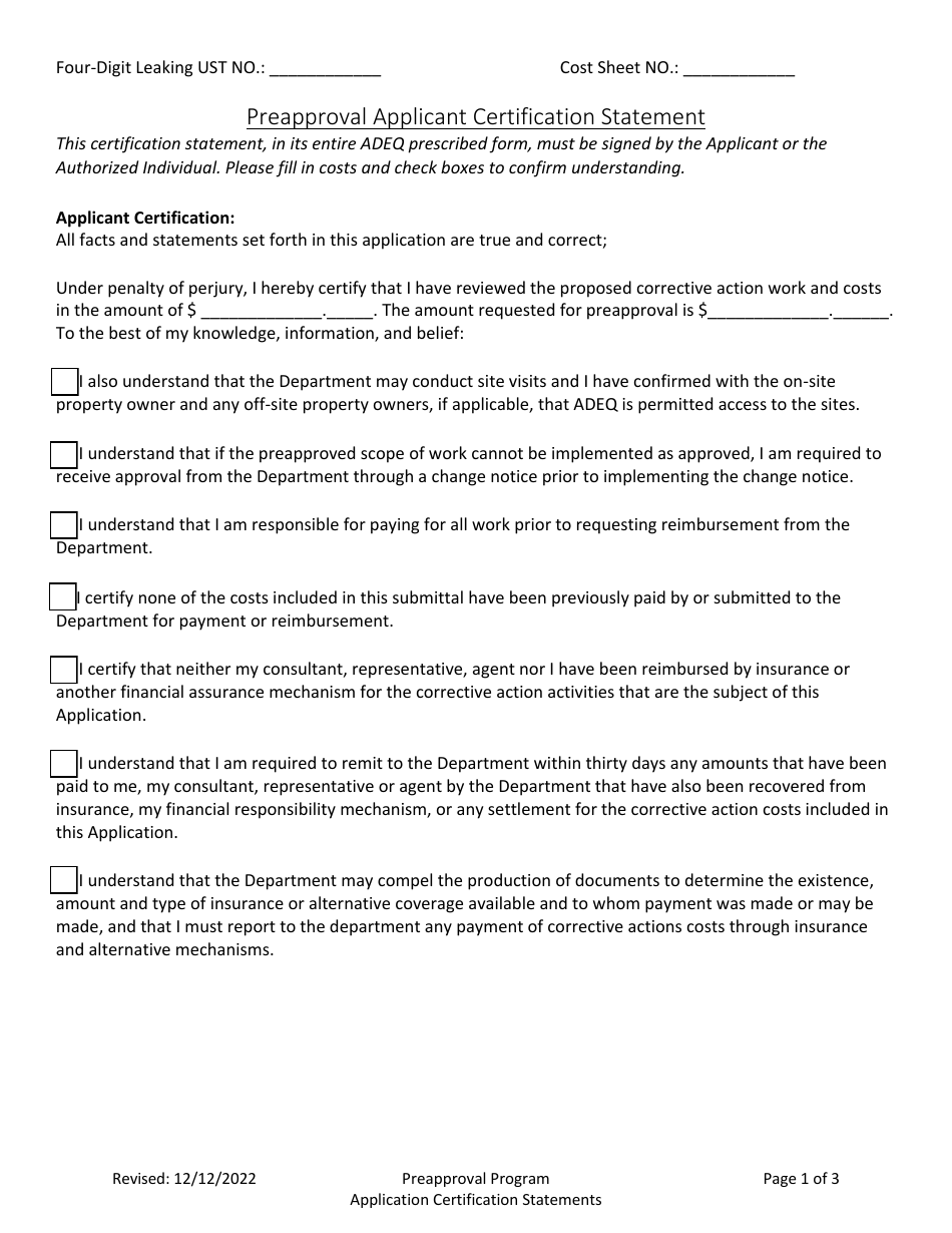 Underground Storage Tank (Ust) Preapproval Applicant Certification Statement - Arizona, Page 1
