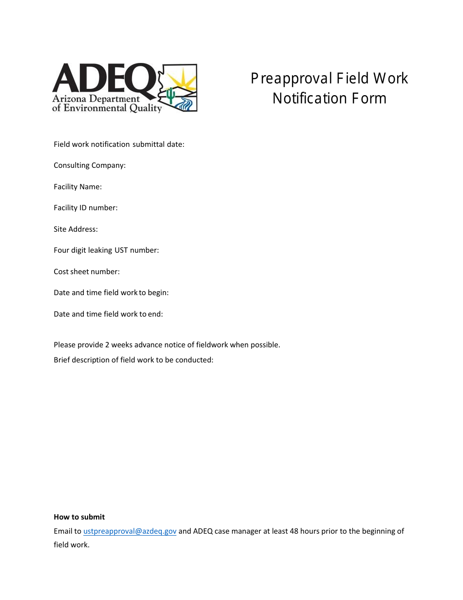 Underground Storage Tank (Ust) Preapproval Field Work Notification Form - Arizona, Page 1