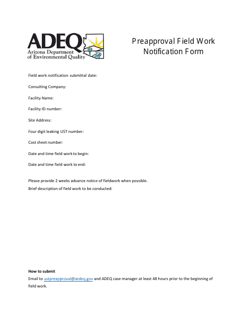 Underground Storage Tank (Ust) Preapproval Field Work Notification Form - Arizona Download Pdf