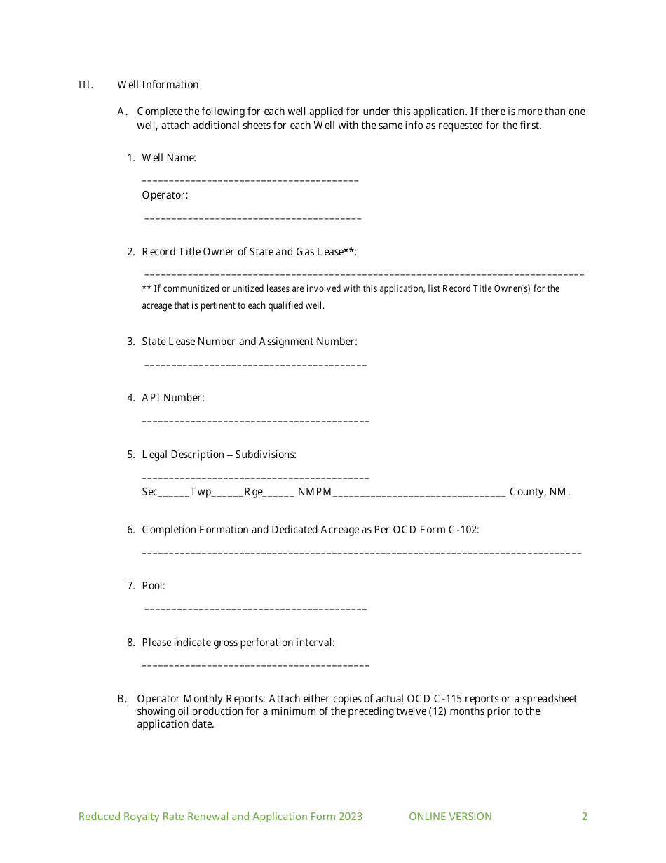 Application and Renewal for Reduced Royalty Rate for Oil Wells - New Mexico, Page 2