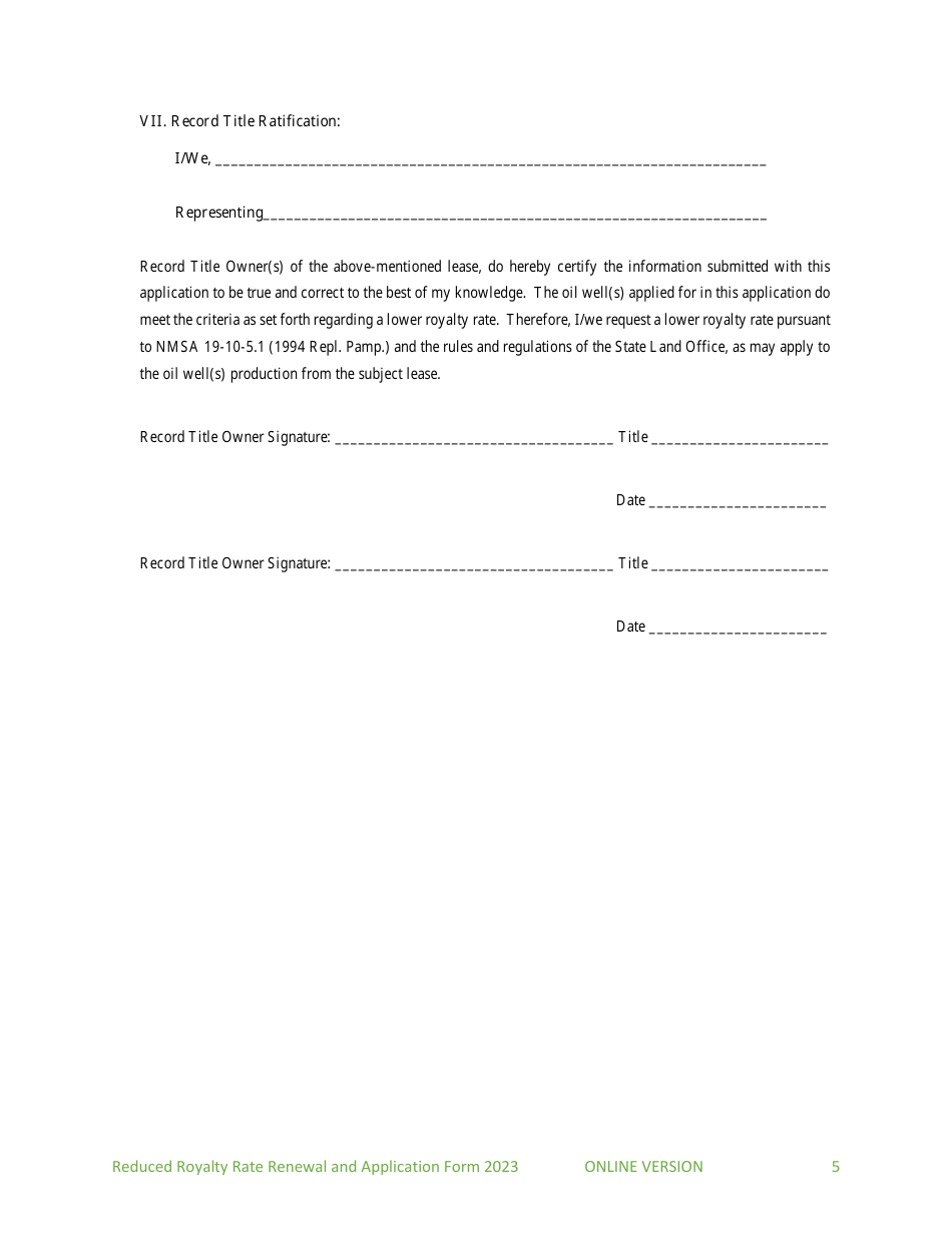 Application and Renewal for Reduced Royalty Rate for Oil Wells - New Mexico, Page 5