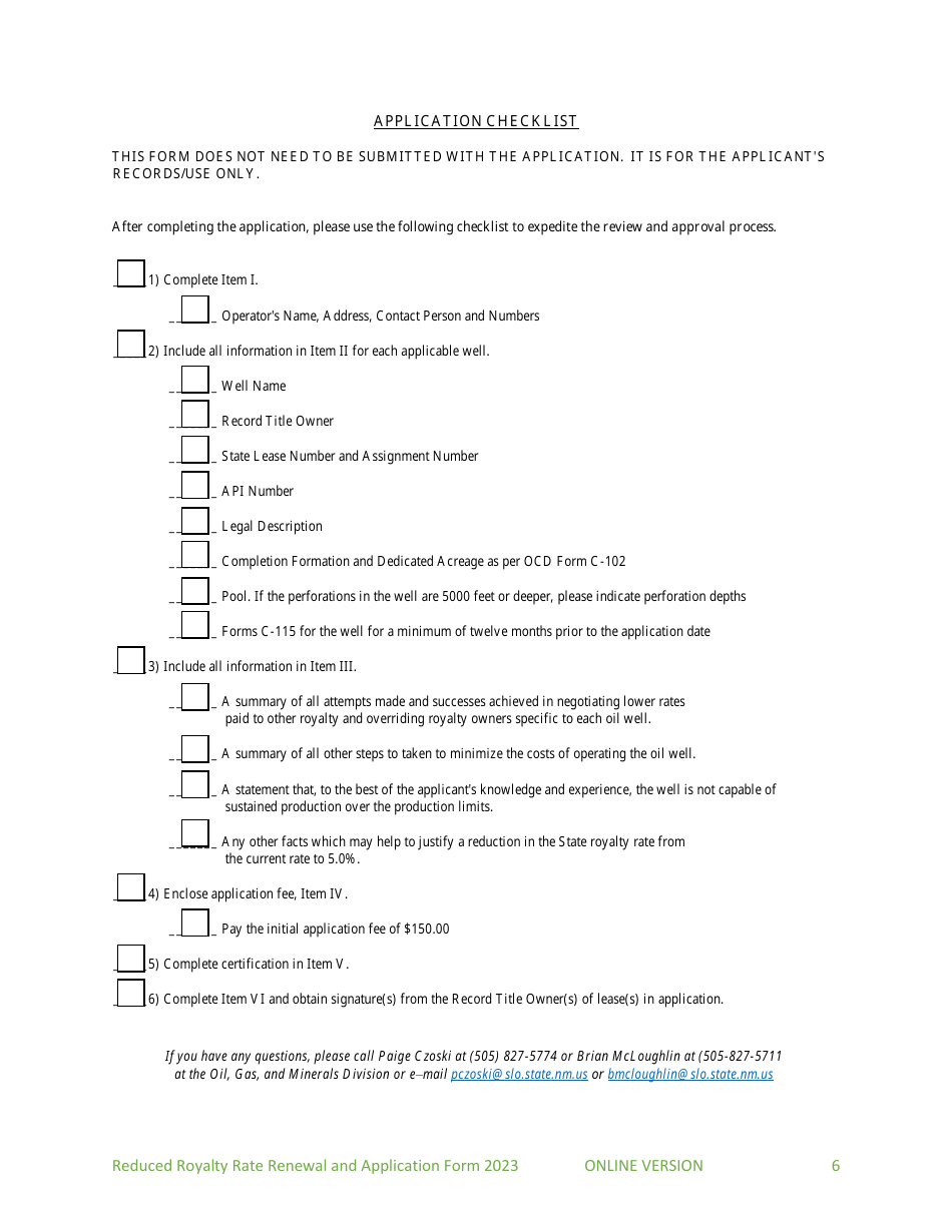Application and Renewal for Reduced Royalty Rate for Oil Wells - New Mexico, Page 6