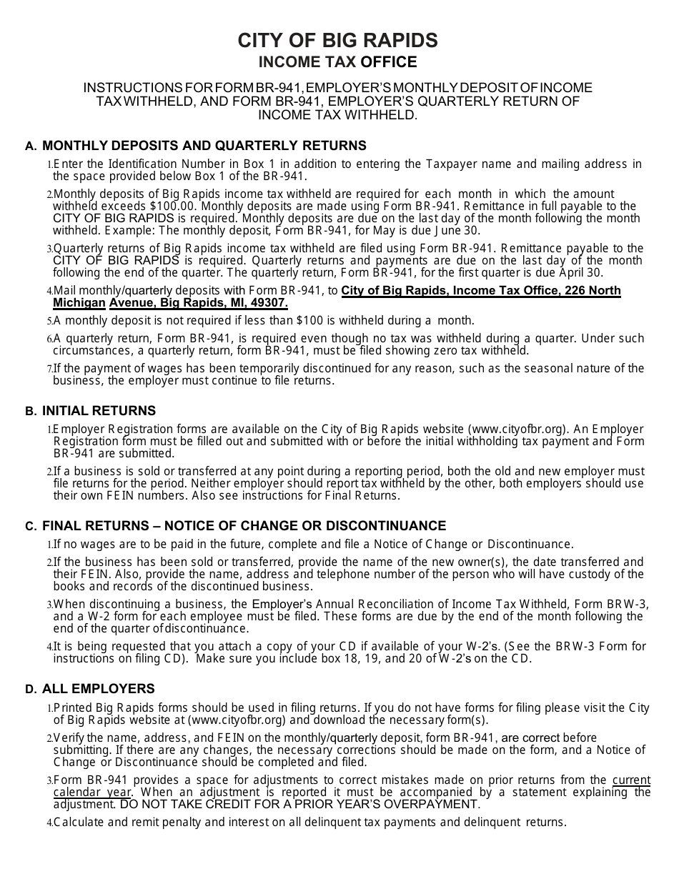 Form BR-941 Employers Monthly Deposit of Income Tax Withheld - City of Big Rapids, Michigan, Page 3