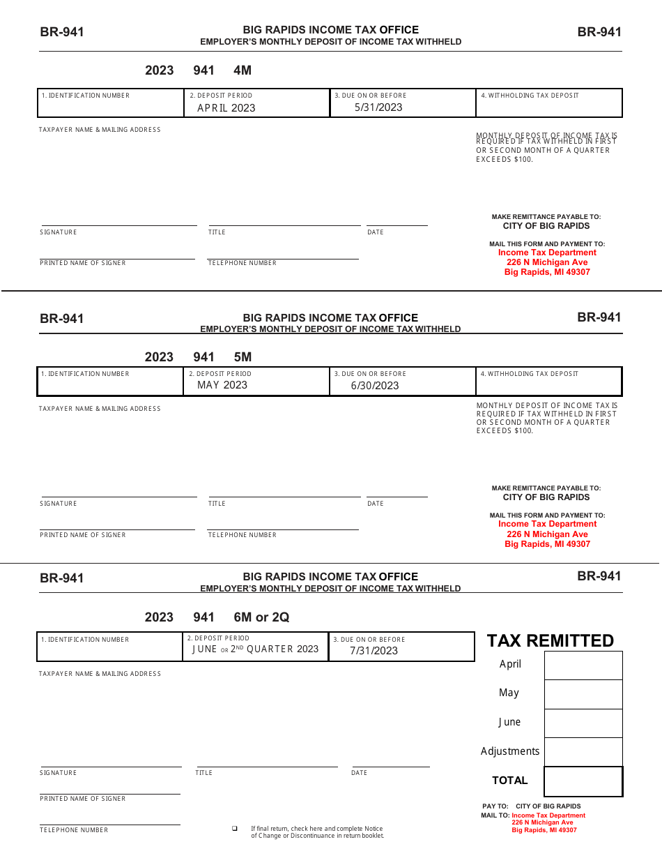Form BR-941 Employers Monthly Deposit of Income Tax Withheld - City of Big Rapids, Michigan, Page 5