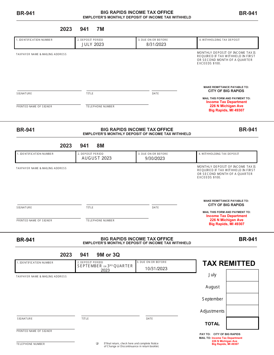 Form BR-941 Employers Monthly Deposit of Income Tax Withheld - City of Big Rapids, Michigan, Page 6
