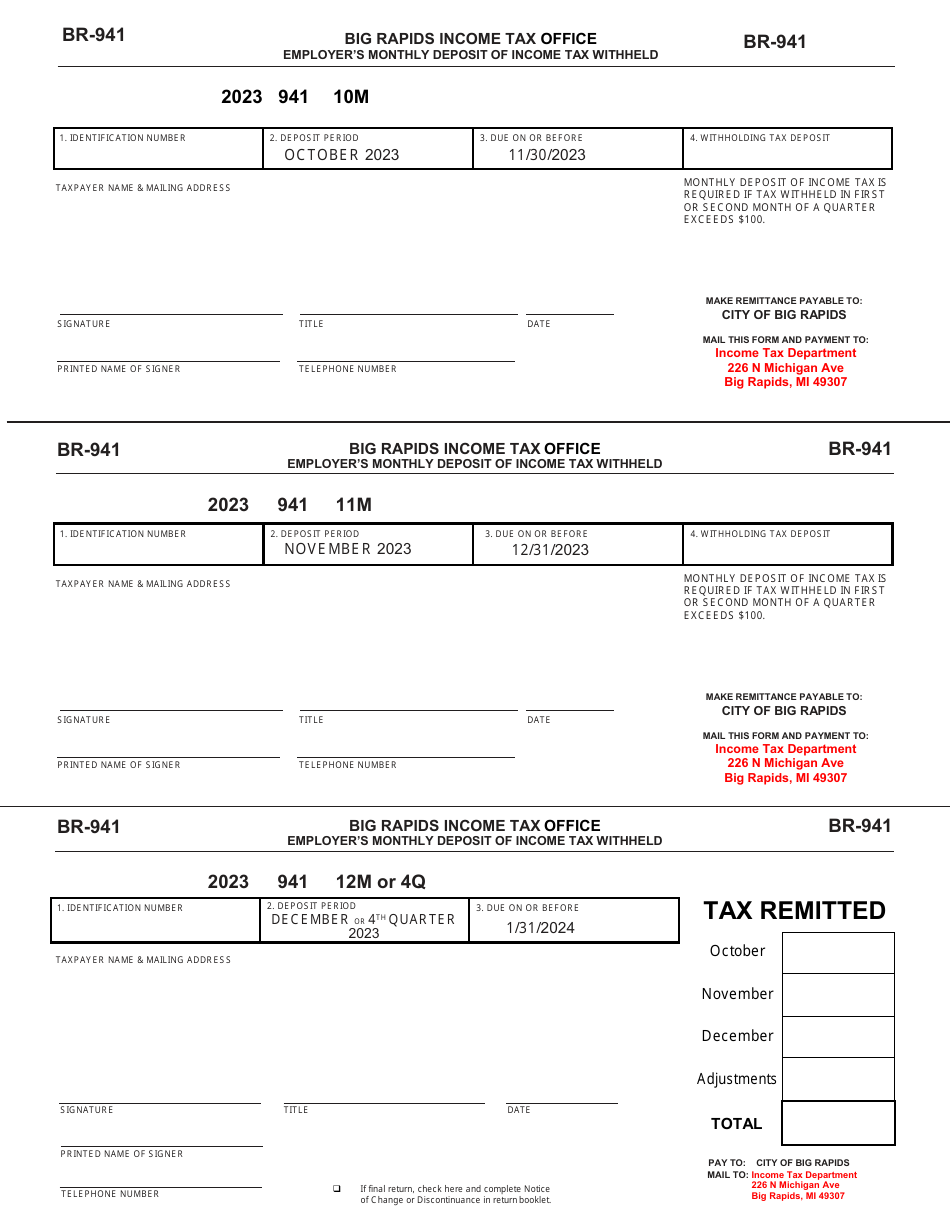 Form BR-941 Employers Monthly Deposit of Income Tax Withheld - City of Big Rapids, Michigan, Page 7