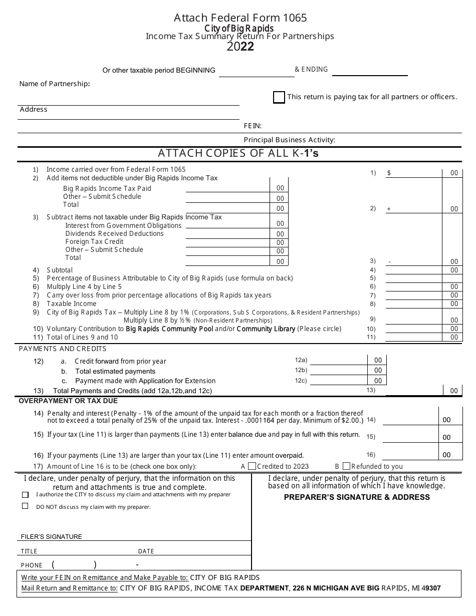 Form 1065 Income Tax Summary Return for Partnerships - City of Big Rapids, Michigan, Page 2