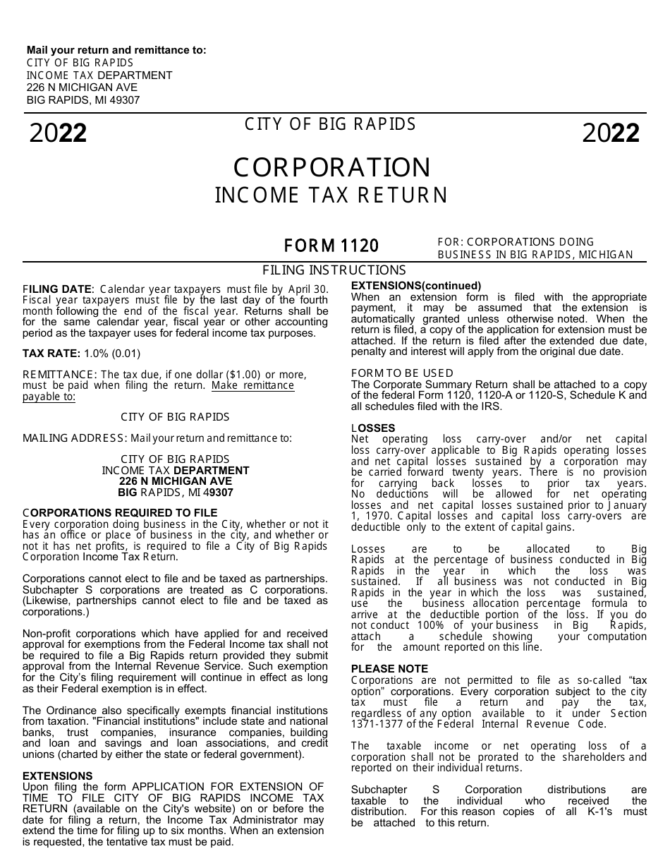 Form 1120 Income Tax Summary Return for Corporations - City of Big Rapids, Michigan, Page 1