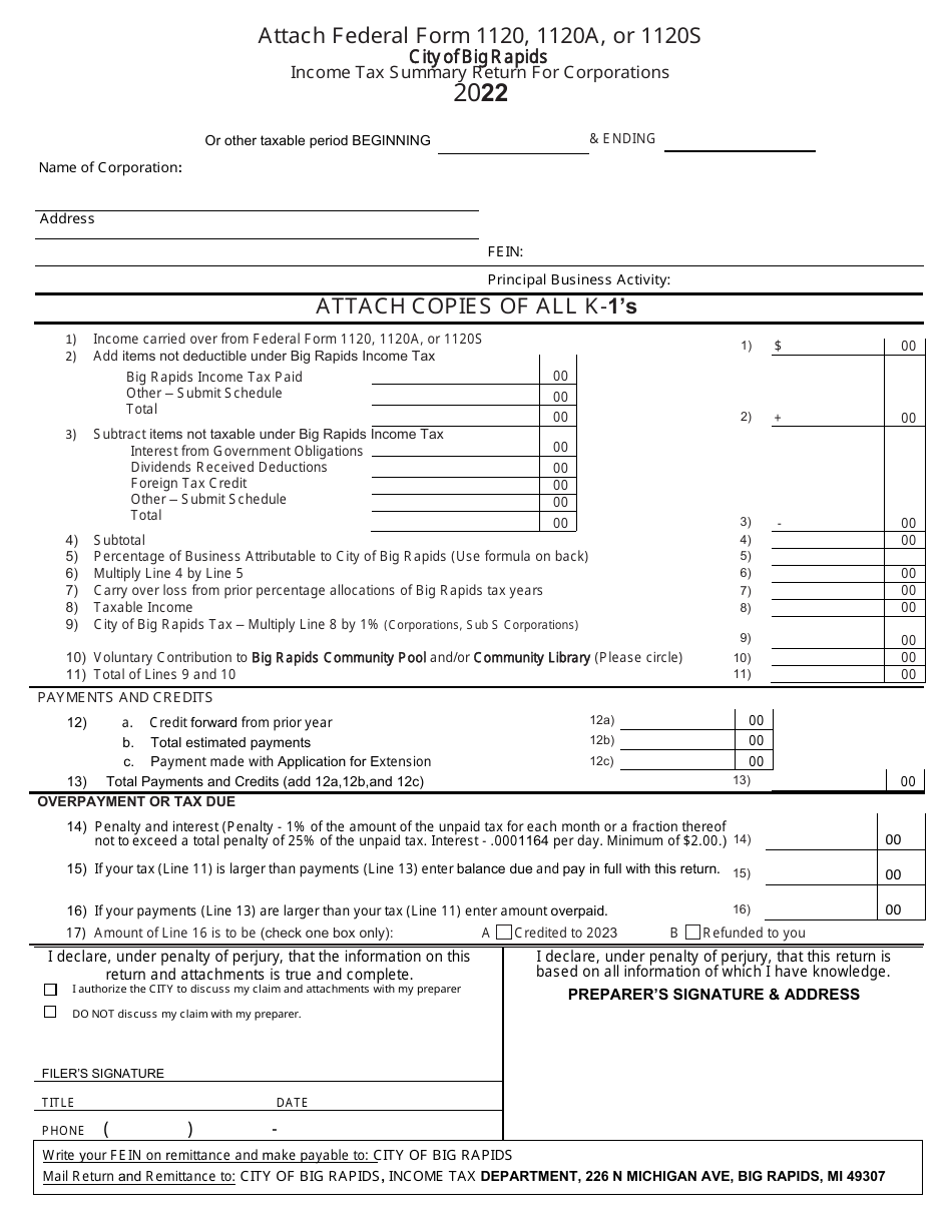 Form 1120 Income Tax Summary Return for Corporations - City of Big Rapids, Michigan, Page 2