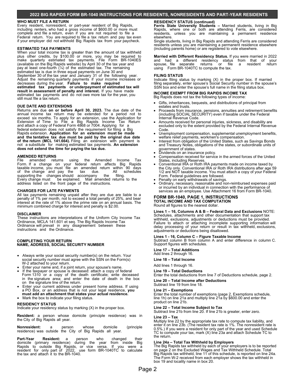 Instructions for Form BR-1040 Individual Income Tax Return - City of Big Rapids, Michigan, Page 2