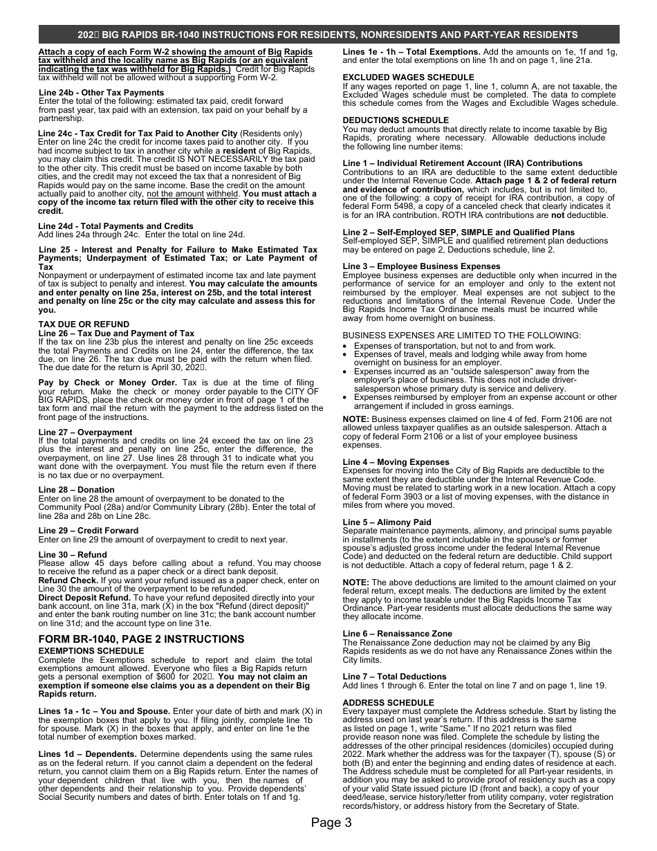 Instructions for Form BR-1040 Individual Income Tax Return - City of Big Rapids, Michigan, Page 3