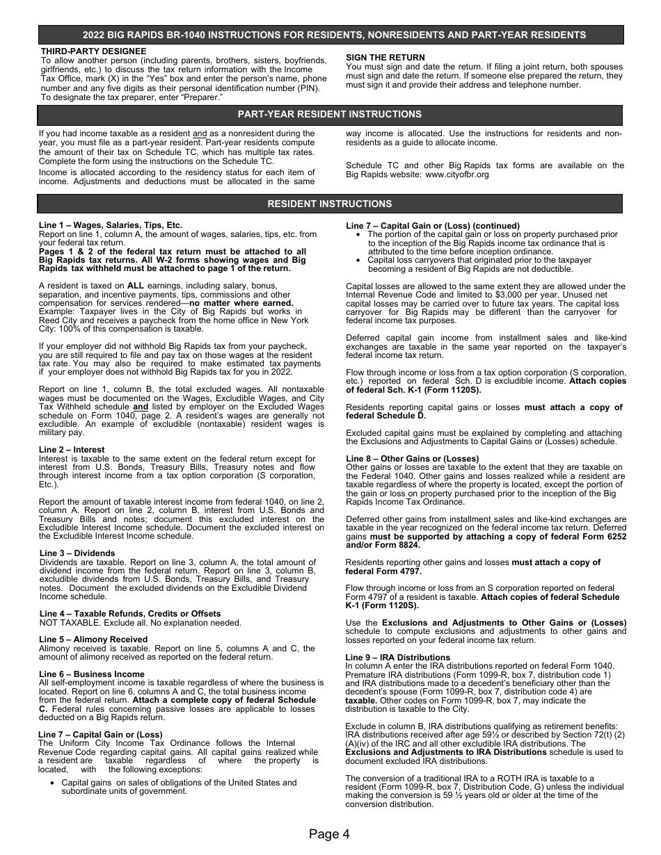 Instructions for Form BR-1040 Individual Income Tax Return - City of Big Rapids, Michigan, Page 4
