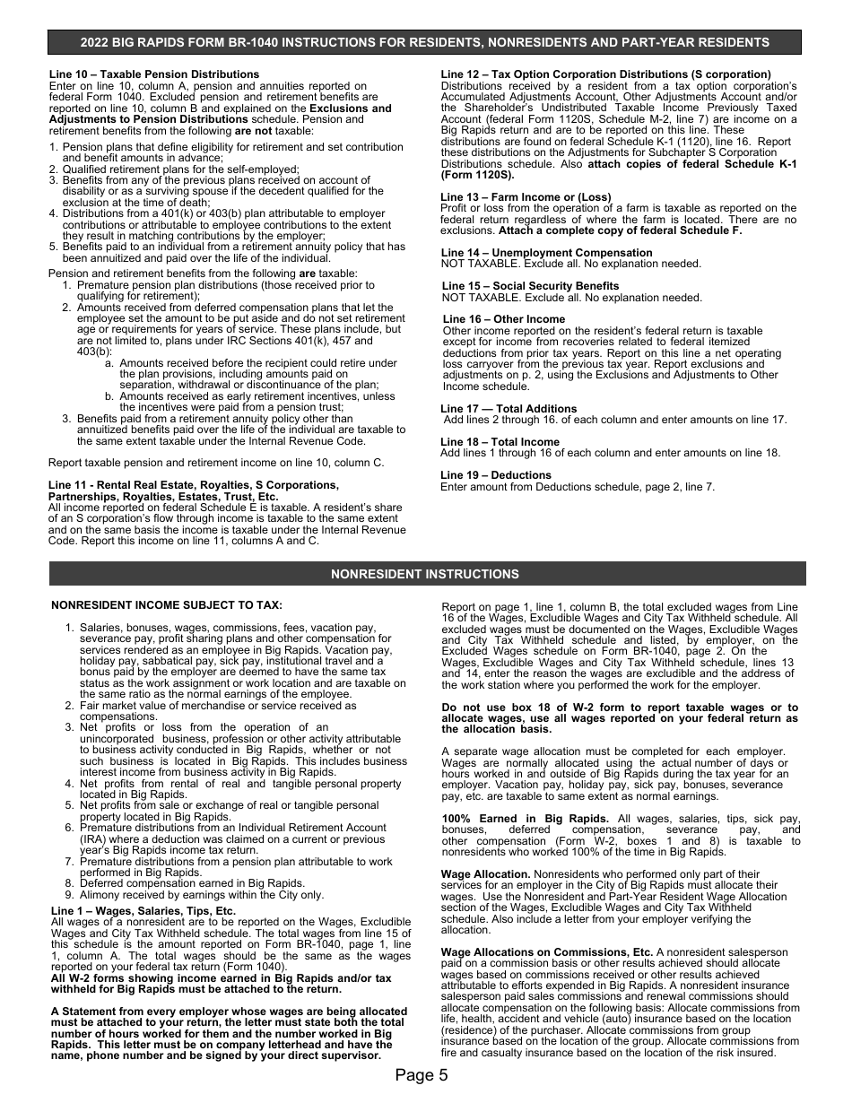 Instructions for Form BR-1040 Individual Income Tax Return - City of Big Rapids, Michigan, Page 5