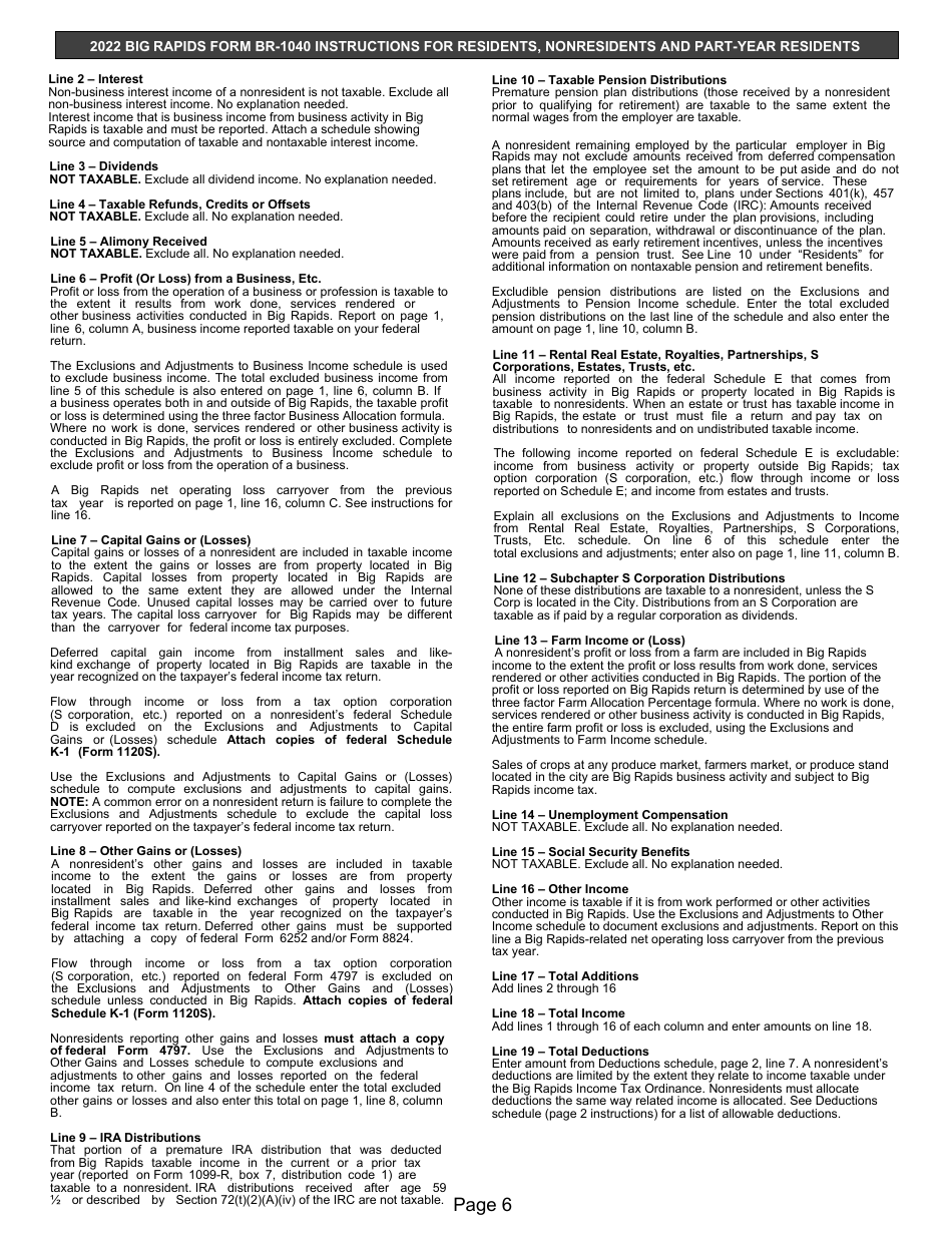 Instructions for Form BR-1040 Individual Income Tax Return - City of Big Rapids, Michigan, Page 6