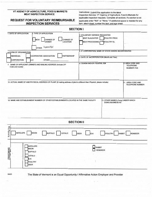 Form 5200-6 Request for Voluntary Reimbursable Inspection Services - Vermont