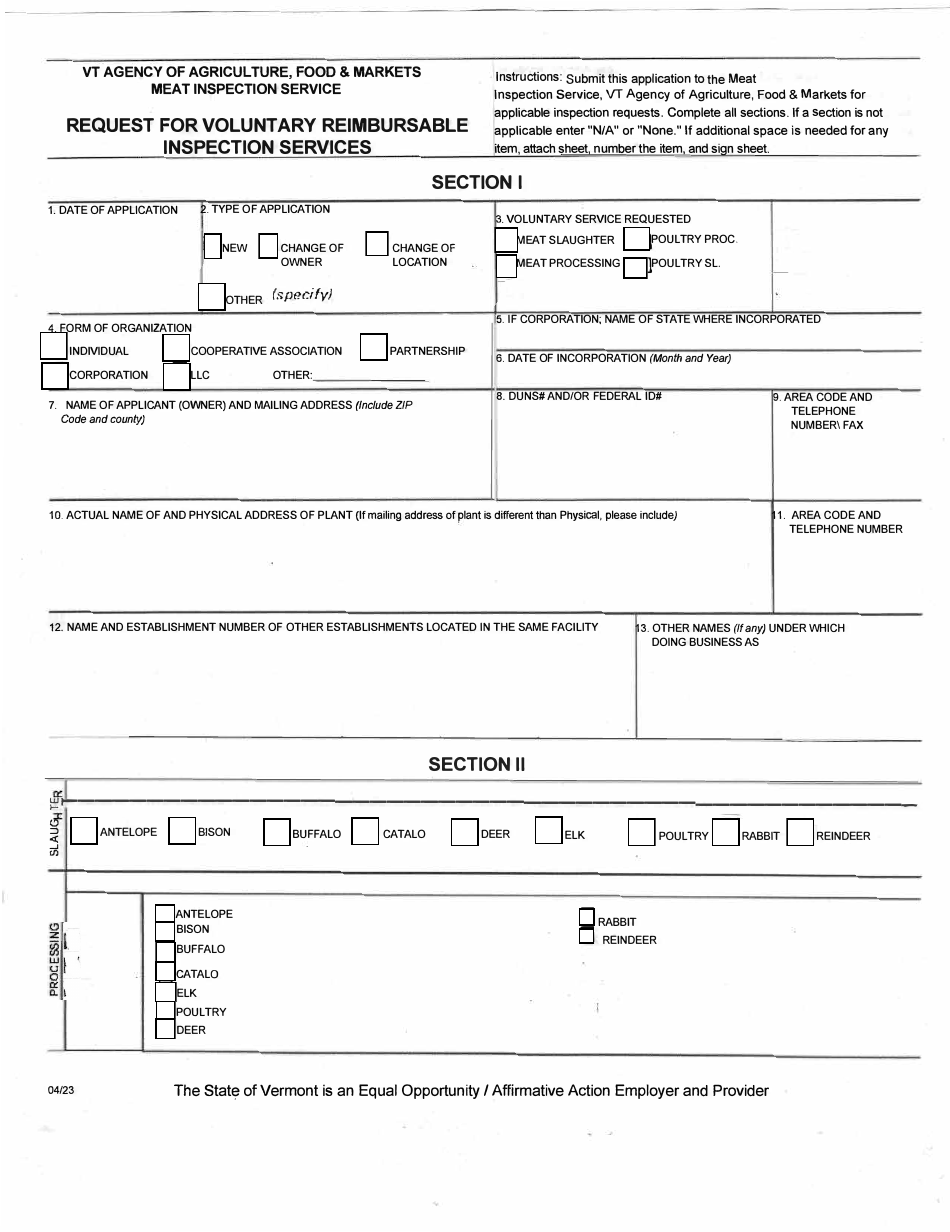 Form 5200-6 Request for Voluntary Reimbursable Inspection Services - Vermont, Page 1