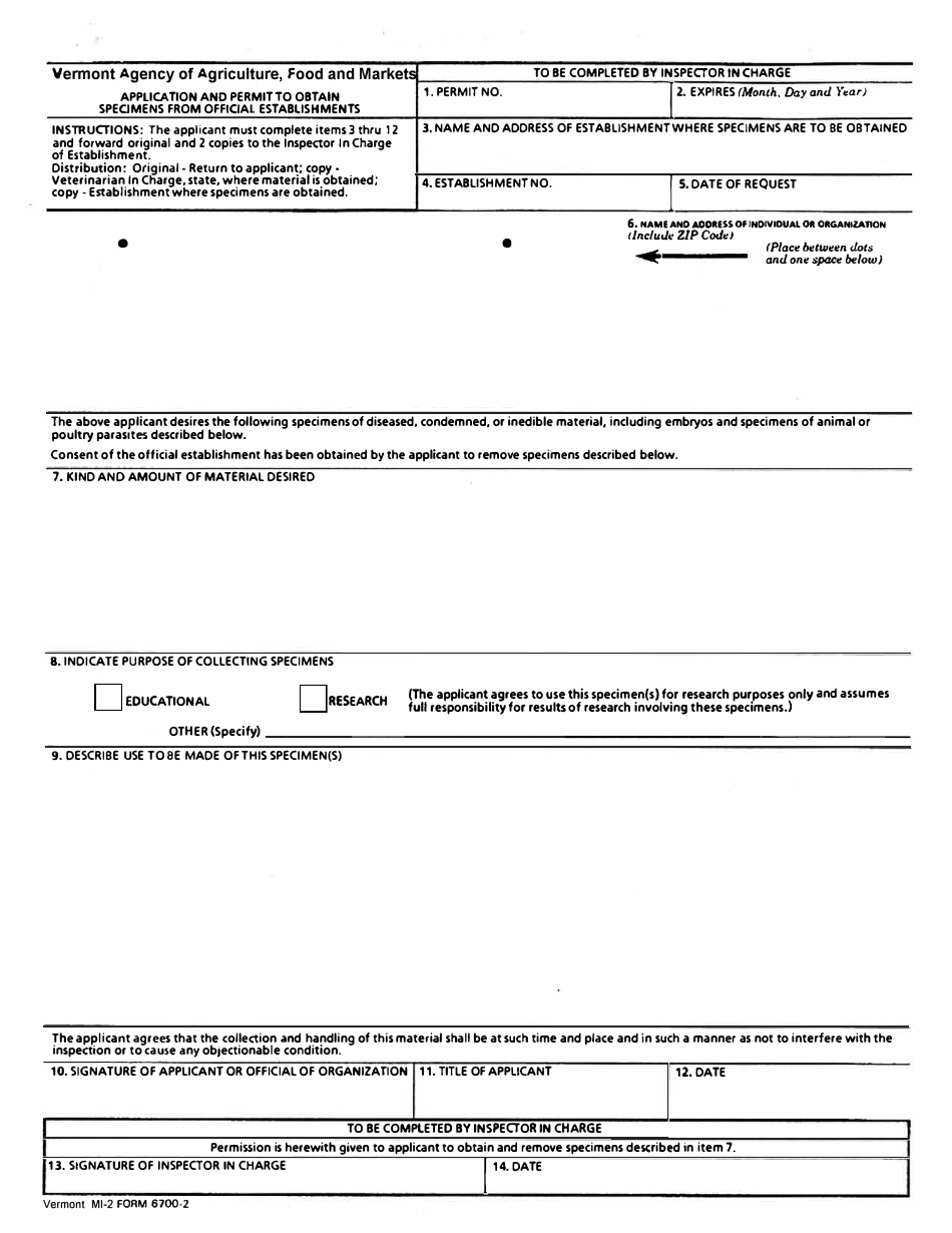 Form MI-2 (6700-2) Application Ano Permit to Obtain Speomens From Official Establishments - Vermont, Page 1