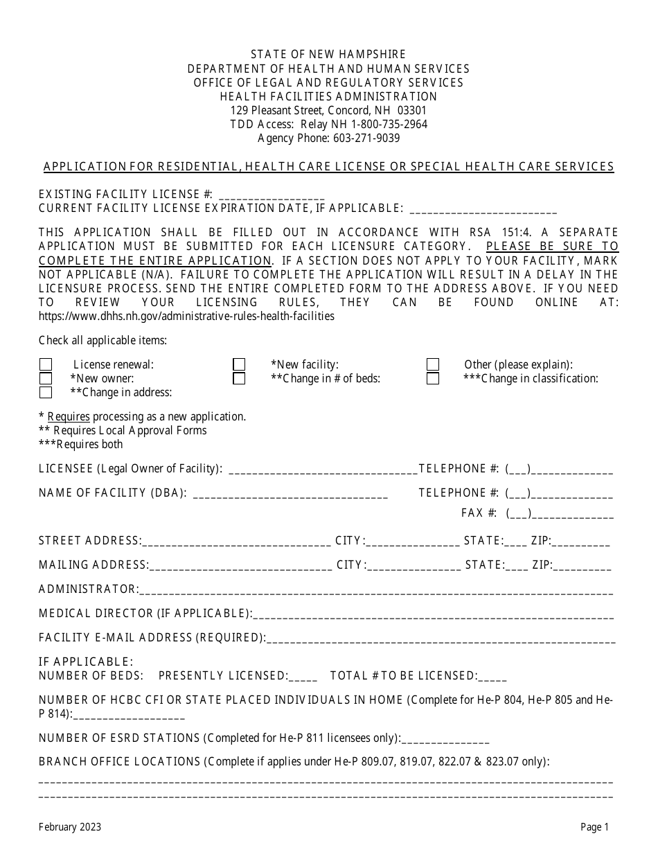 Application for Residential, Health Care License or Special Health Care Services - New Hampshire, Page 1