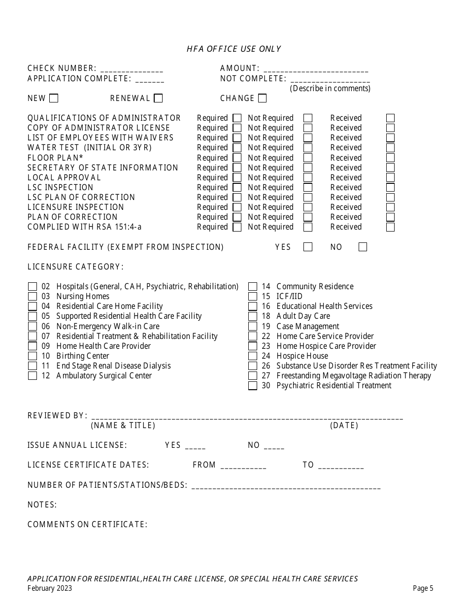 Application for Residential, Health Care License or Special Health Care Services - New Hampshire, Page 5