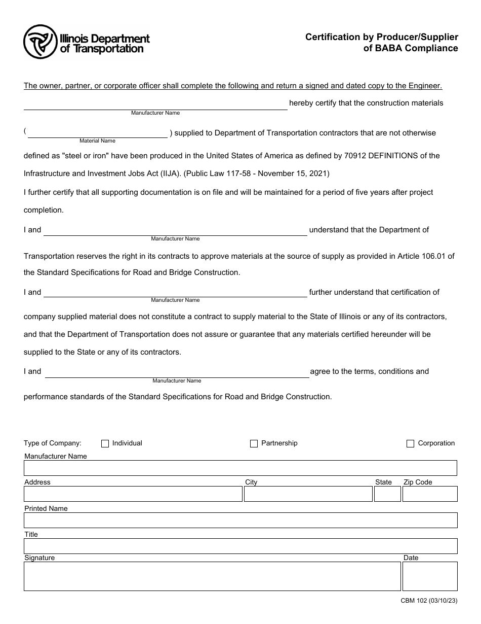 Form CBM102 Certification by Producer / Supplier of Baba Compliance - Illinois, Page 1