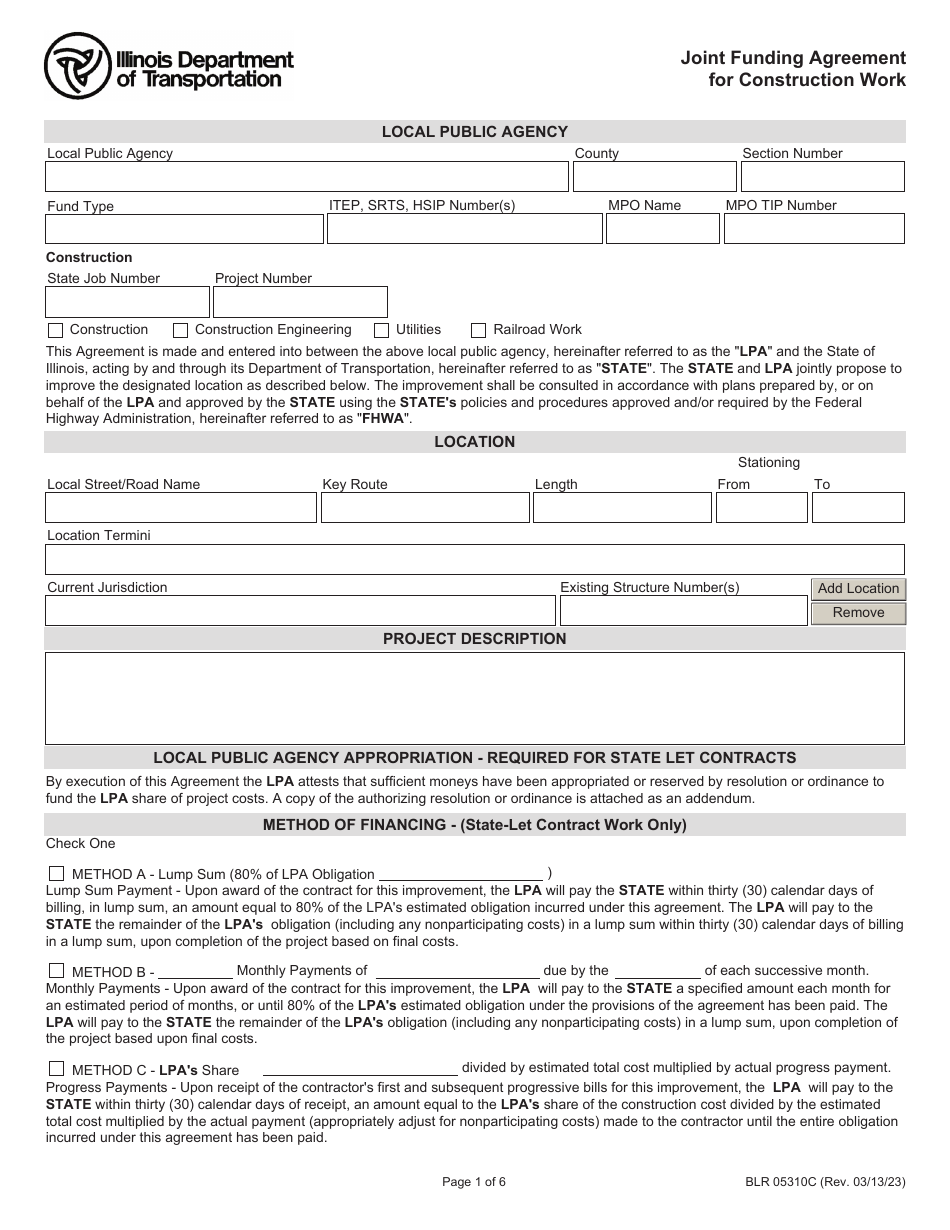Form BLR05310C Joint Funding Agreement for Construction Work - Illinois, Page 1