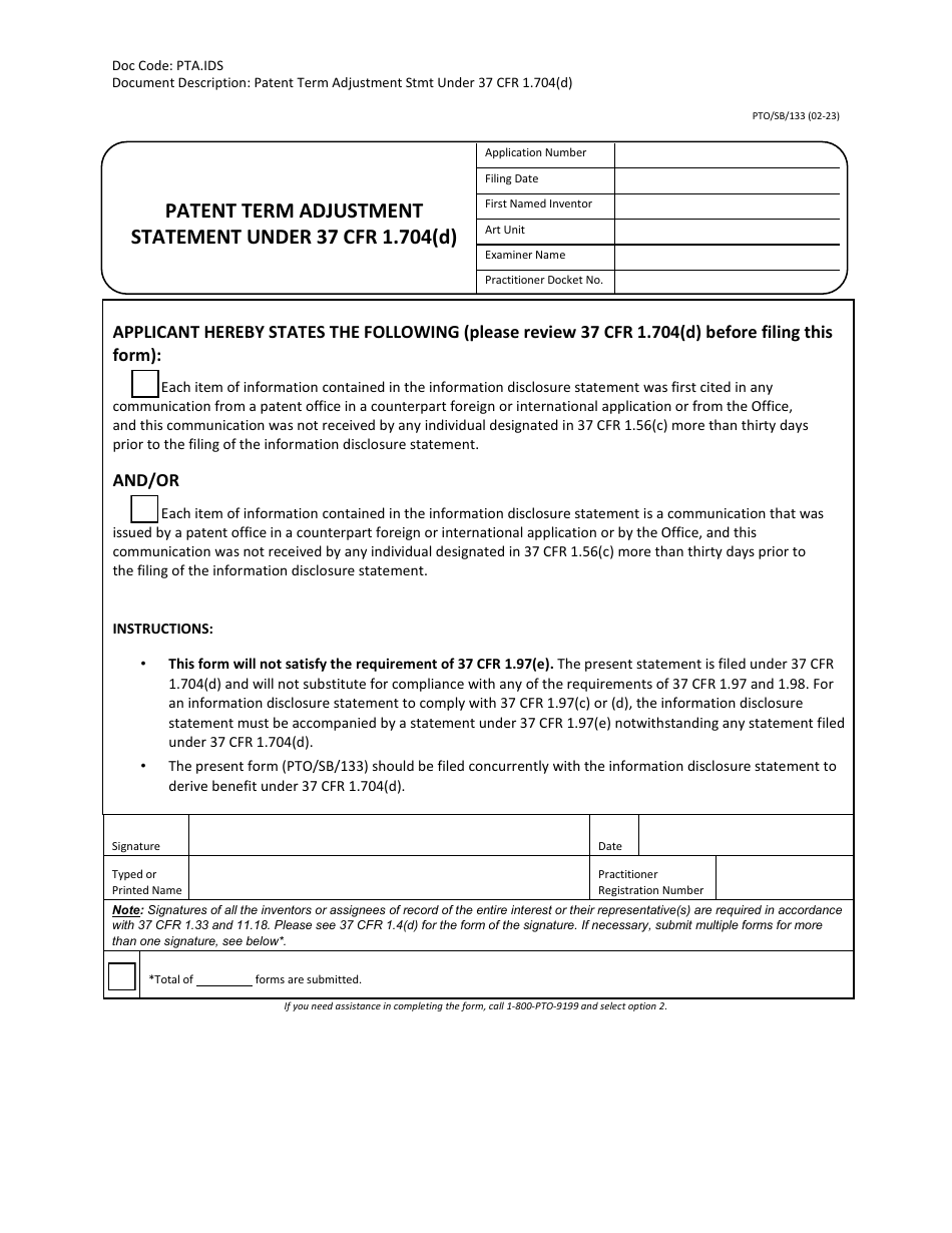 Form PTO / SB / 133 Patent Term Adjustment Statement Under 37 Cfr 1.704(D), Page 1